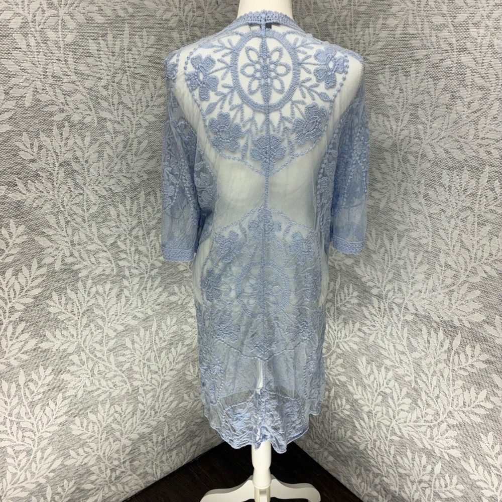 IndigoPoppy Kimono Duster Women S/M Blue Floral Lace Mesh Embroidered Boho Fairy
